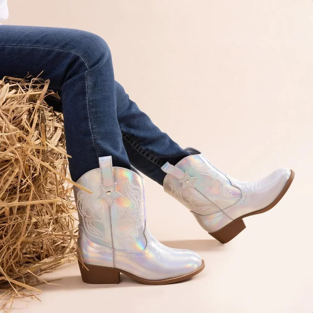 ⚡Girls Silver Cowgirl Boots With Low Heel Western Embroidered Fashion Mid Calf